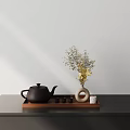 Elegant Plate Decoration With Black Teapot Wooden Tray White Vase And Flowers
