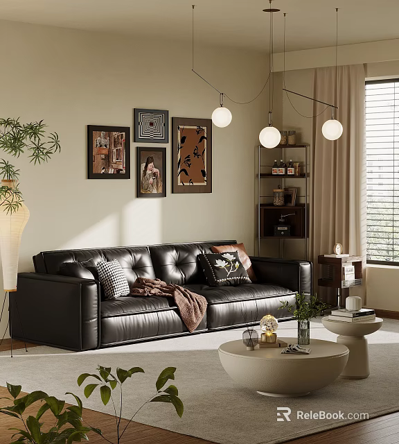 Black Leather Sectional Sofa in Living Room with Throw Pillows Wall Art Pendant Lights 3d model 