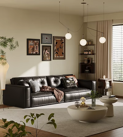 Black Leather Sectional Sofa in Living Room with Throw Pillows Wall Art Pendant Lights 3d model