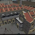Row of Townhouses with Red Roofs Stone Exteriors Glass Structure Courtyard and People Walking