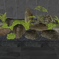 Natural Garden Ornament with Stones Green Plants Moss and Black Gravel on Gray Tile Background
