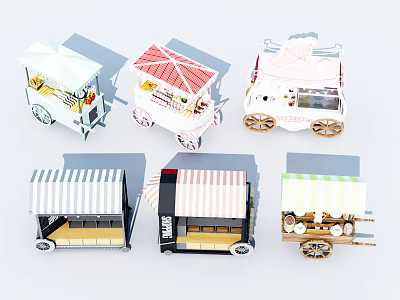 Colorful Mobile Food Carts With Various Awning Designs And Wheel Details 3d model