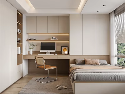 Modern Minimalist Tatami Bedroom With Desk Computer Storage Cabinets And Natural Light 3d model