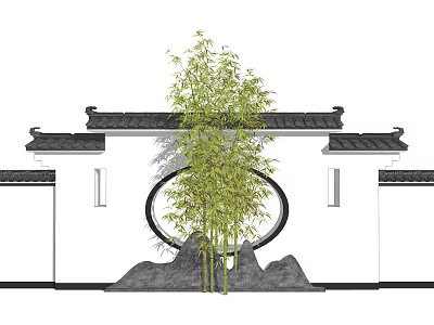 Chinese Style Garden Wall with Circular Doorway Tile Roof Bamboo and Rockery Stones 3d model