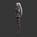 White Haired Female Character 3D Model With Green Brown Outfit Front Back Views