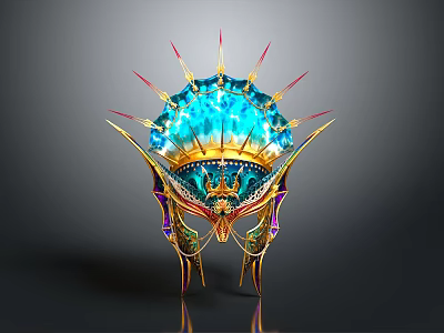 Ornate Decorative Headpiece with Blue Gemstones Golden Decorations and Red Spikes in Intricate Vibrant Design 3d model
