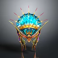 Ornate Decorative Headpiece with Blue Gemstones Golden Decorations and Red Spikes in Intricate Vibrant Design