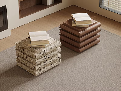 Two Stacked Bedside Tables Beige Patterned and Brown with Open Books on Top 3d model