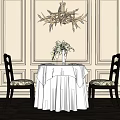 Elegant Dining Table Set with White Tablecloth Vase White Flowers Black Chairs and Branch Chandelier