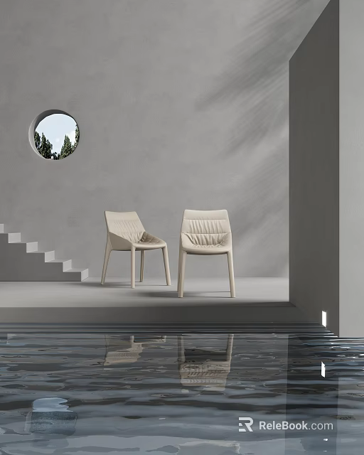 Beige Minimalist Leisure Chairs in Gray Wall Interior with Circular Window Staircase and Water Reflection 3d model 