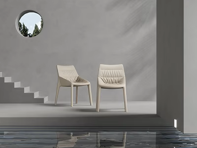 Beige Minimalist Leisure Chairs in Gray Wall Interior with Circular Window Staircase and Water Reflection 3d model