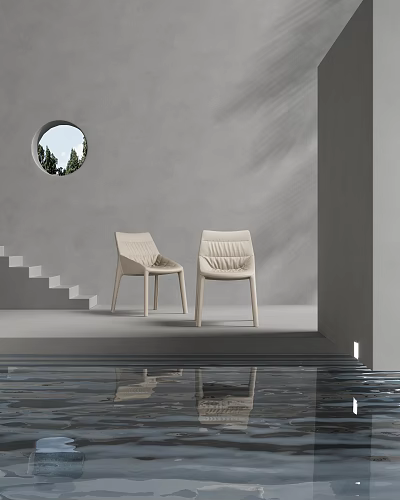 Beige Minimalist Leisure Chairs in Gray Wall Interior with Circular Window Staircase and Water Reflection 3d model