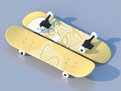 Two Yellow Skateboards With White Patterns And Black Trucks For Daily Use 3d model