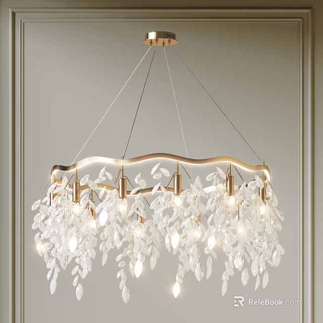 Elegant Gold Frame Wave Design Chandelier with Illuminated Crystal Leaves 3d model 