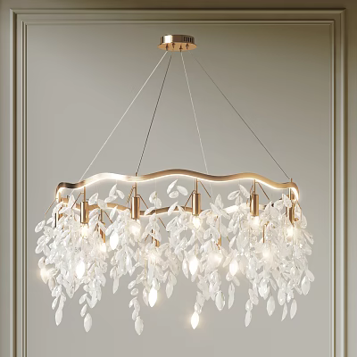 Elegant Gold Frame Wave Design Chandelier with Illuminated Crystal Leaves 3d model