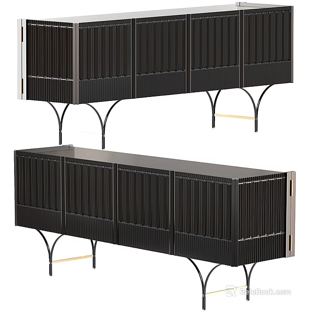 Modern Black TV Stand With Ribbed Design And Metal Legs For Living Room Storage 3d model 