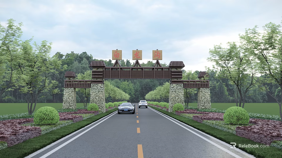 Traditional Wooden Archway With Red Signboards Over Scenic Road And Green Trees 3d model 