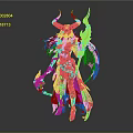 Demonic Fantasy Woman with Horns Flaming Wings and Fiery Weapon in Dark Outfit