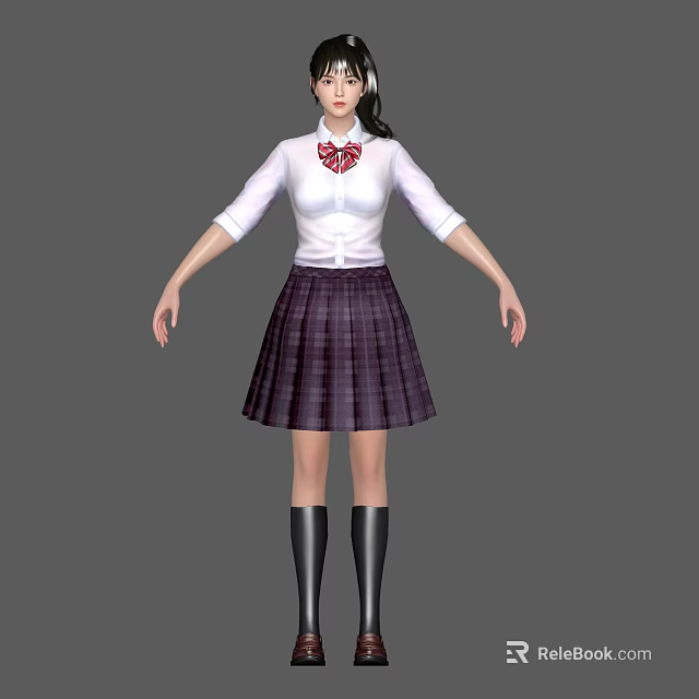 Woman Wearing White Shirt Red Bow Tie Purple Plaid Skirt And Black Knee High Boots 3d model 