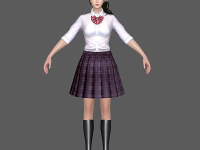 Woman Wearing White Shirt Red Bow Tie Purple Plaid Skirt And Black Knee High Boots 3d model