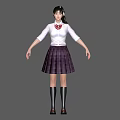 Woman Wearing White Shirt Red Bow Tie Purple Plaid Skirt And Black Knee High Boots
