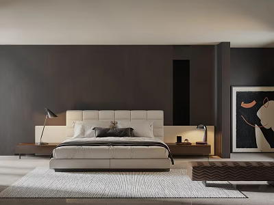 Modern Double Bed Interior With Upholstered Headboard And Nightstand Lamps 3d model