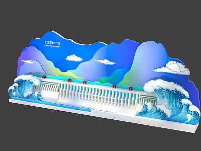Detailed Colorful Dam Model Design With Blue Waves Green Mountains And White Clouds 3d model