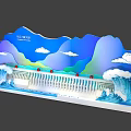 Detailed Colorful Dam Model Design With Blue Waves Green Mountains And White Clouds