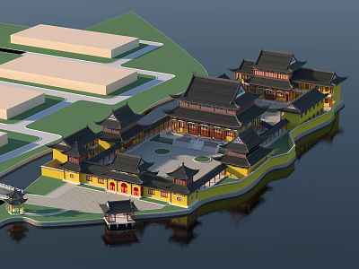 Ancient Chinese Architecture Courtyard With Yellow Walls Black Roofs And Waterfront Design 3d model