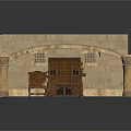 Classical Architectural Interior Scene With Arched Structure Stone Columns And Wooden Bookshelves