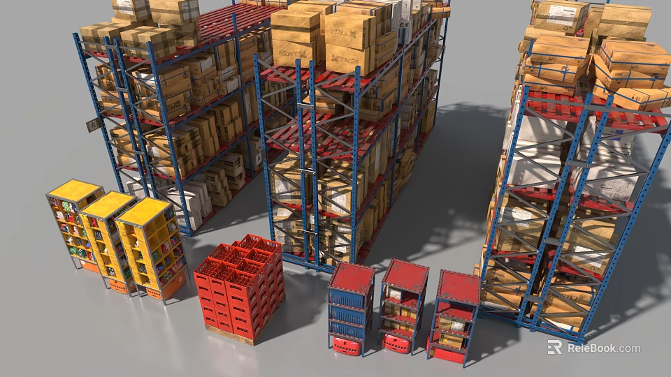 Industrial Warehouse Shelves Loaded With Cardboard Boxes And Colorful Storage Bins 3d model 