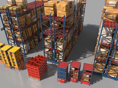 Industrial Warehouse Shelves Loaded With Cardboard Boxes And Colorful Storage Bins 3d model