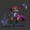 Fantasy Warrior Character With Long Pink Purple Hair Magic Staff And Glowing Crystal Effects