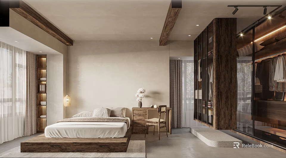 Warm Minimalist Hotel Room Interior With Wooden Furniture King Bed And Decorative Vase 3d model 