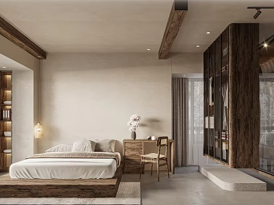 Warm Minimalist Hotel Room Interior With Wooden Furniture King Bed And Decorative Vase 3d model