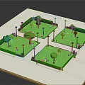 Cartoon Scene with Green Square Lawns Cartoon Trees Street Lamps and Small Animals in 3D