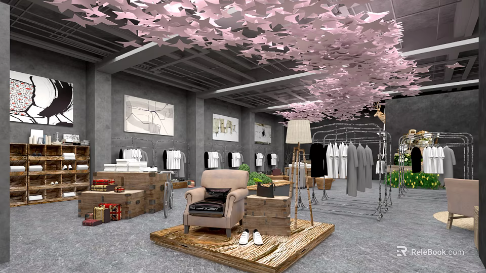 Chic Clothing Store with Pink Floral Ceiling Gray Walls Beige Armchair Wooden Crates Clothing Racks 3d model 