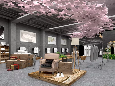 Chic Clothing Store with Pink Floral Ceiling Gray Walls Beige Armchair Wooden Crates Clothing Racks 3d model