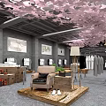 Chic Clothing Store with Pink Floral Ceiling Gray Walls Beige Armchair Wooden Crates Clothing Racks