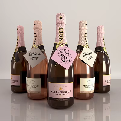 Moet Chandon Rose Champagne Bottles And Wine Glasses With Drink Me Tags 3d model