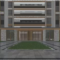 Modern Residential Building Entrance With Lawn Area And Pedestrians Walking By