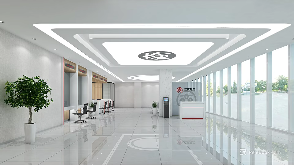 Modern Bank Lobby Interior With Spacious Design Reception Desk And Seating 3d model