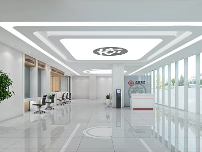 Modern Bank Lobby Interior With Spacious Design Reception Desk And Seating 3d model