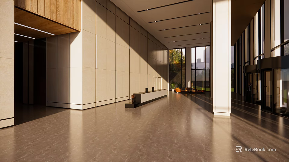 Modern Front Desk Reception Interior Design With Spacious Lobby And Natural Lighting 3d model