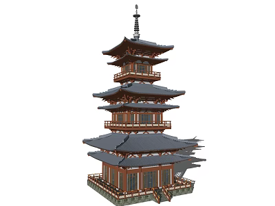 Traditional Asian Style Wooden Pagoda With Multiple Tiered Eaves And Stone Base Steps 3d model