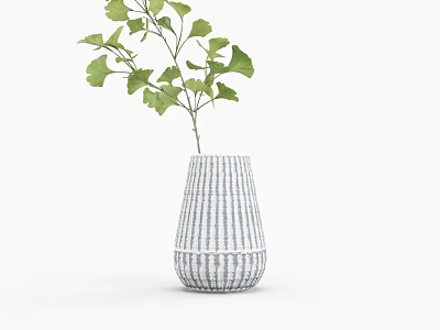 Stylish Bonsai Potted Plant with Gray White Striped Vase and Fresh Green Leaves 3d model