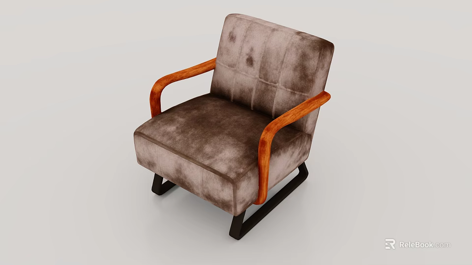Brown Velvet Single Sofa With Curved Wooden Armrests And Black Legs Modern Design 3d model 