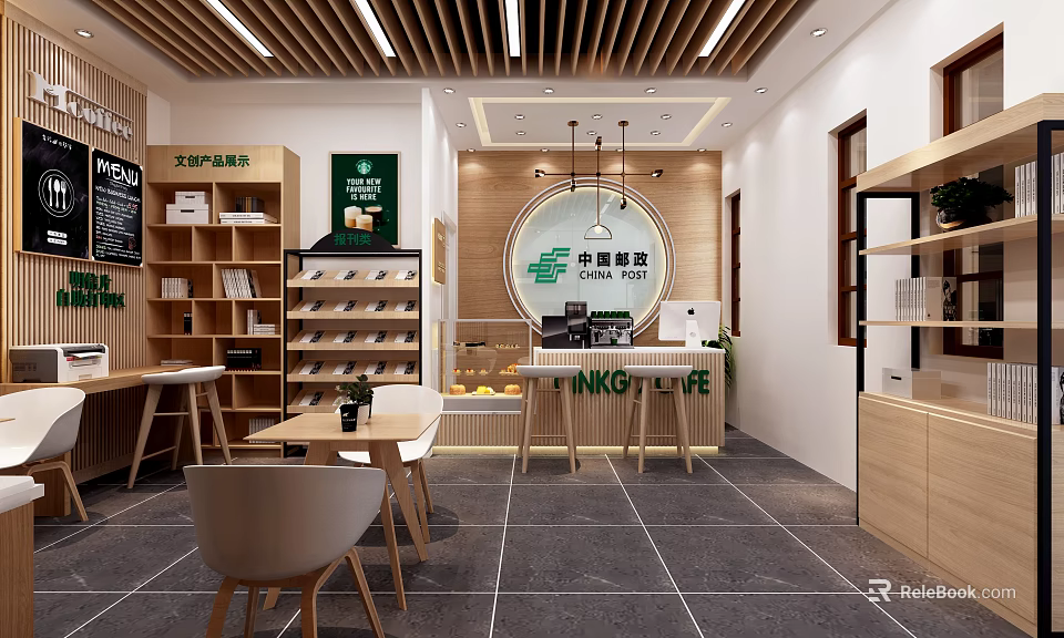 Modern Post Office Shop Front Desk Interior With Wooden Counter Shelves And Tables 3d model 
