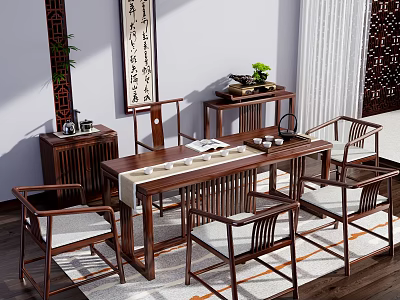 Traditional Chinese Wooden Tea Table and Chairs with Tea Sets Green Plants and Calligraphy Decor 3d model