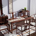 Traditional Chinese Wooden Tea Table and Chairs with Tea Sets Green Plants and Calligraphy Decor